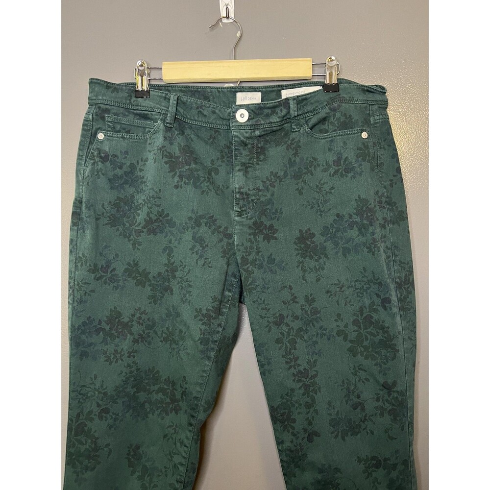 J Jill Authentic Fit Slim Ankle Jeans Womens 14 Dark Green Floral Stretch Denim